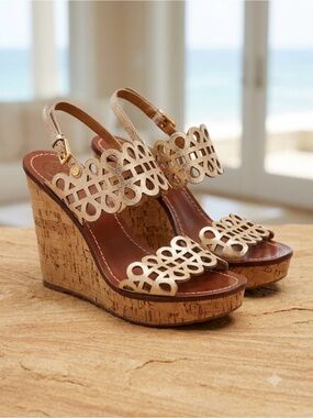 Tory Burch Nori Gold Metallic Laser Cut Cork Wedge Sandals Size 10.5 EUC